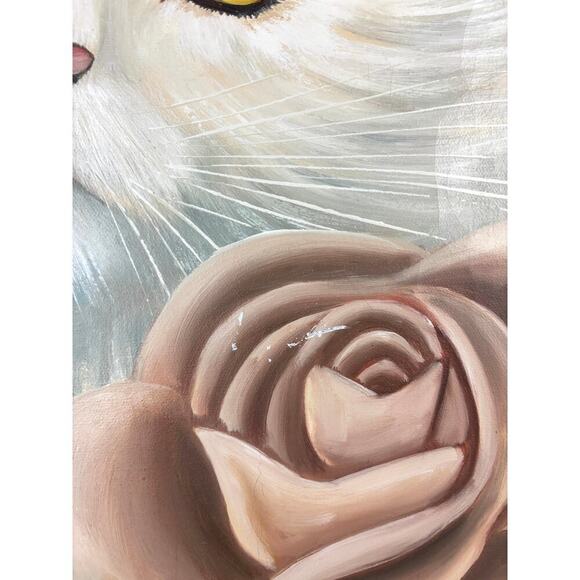 VTG White Cat Oil Painting Signed Original Hand Painted Art Canvas Framed OOAK - Picture 5 of 10